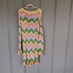 Celia B Dominica Dress Size L Women Boho Beach Cotton Crochet Fruits Cuffs Hem